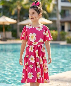 Pine Kids Cotton Knit Half Puffed Sleeves Tiered Frock With Floral Print - Fuchsia