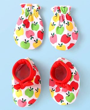 Babyhug 100% Cotton Mittens & Booties Set with Apple Print - White