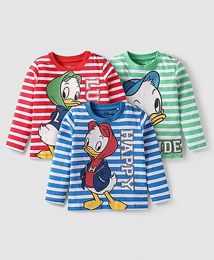 Babyhug Disney Single Jersey Knit Full Sleeves Striped T-Shirts With Donal Duck Graphics Pack of 3 - Red Blue & Green