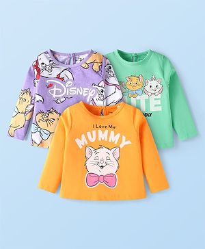 Babyhug Disney Single Jersey Knit Full Sleeves T-Shirts With Aristocats Marie Graphics Pack of 3 - Yellow Purple & Green
