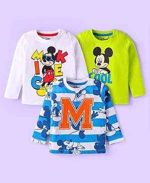 Babyhug Disney Single Jersey Knit Full Sleeves T-Shirts With Mickey Mouse Graphics Pack of 3 - White & Blue