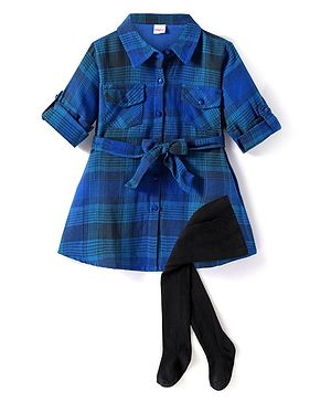 Babyhug Cotton Woven Full Sleeves Checkered Collared Frock with Leggings - Blue