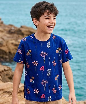 Pine Kids Cotton Knit Half Sleeves T-Shirt with Floral Print - Navy Blue