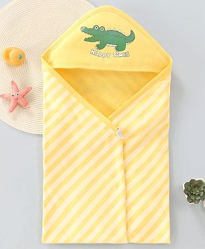 Babyhug Cotton Knit Hooded Wrapper with Crocodile Print & Stripes L 76 x B 76 cm - Yellow