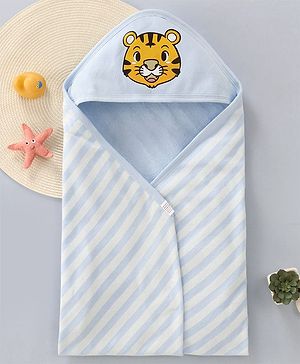Babyhug Cotton Knit Hooded Wrapper with Tiger Print L 76 x B 76 cm - Light Blue