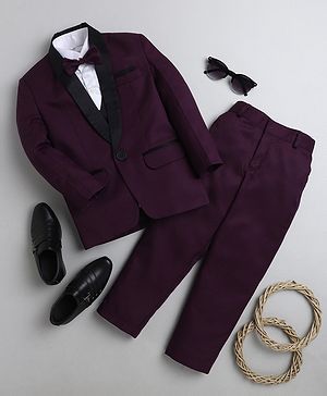 Jeet Ethnics Full Sleeves Solid 4 Piece Coat Suit With Bow - Wine