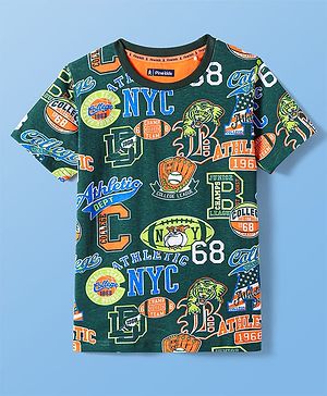 Pine Kids Cotton Knit Half Sleeves T-Shirt with Text Print - Green