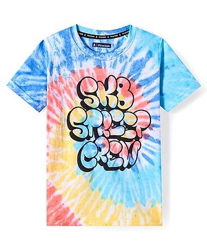 Pine Kids Cotton Knit Half Sleeves Tie & Dye T-Shirt with Text Print - White