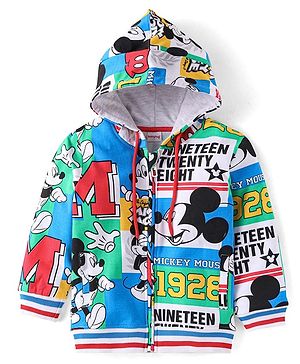 Babyhug Disney Terry Knit Full Sleeves Hooded Sweatjacket with Mickey Mouse Print - Green Blue & Red