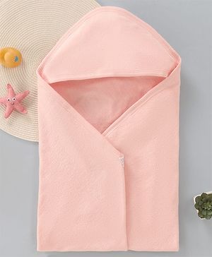 Babyhug Cotton Knit Solid Hooded Wrapper L 76 x B 76 cm - Light Pink