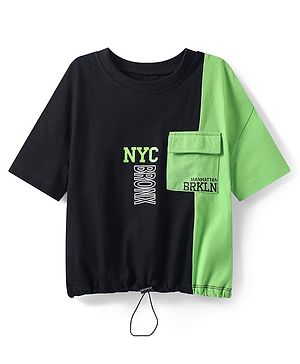 Pine Kids Cotton Knit Half Drop Shoulder Sleeves Text Printed T-Shirt with Cut & Sew Design - Black
