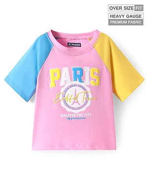 Pine Kids Cotton Knit Half Raglan Sleeves T-Shirt With Paris Print - Pink