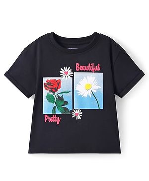 Pine Kids Cotton Knit Half Drop Shoulder T-Shirt with Floral Print - Black