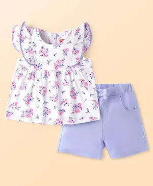 Babyhug Single Jersey Knit Cap
                              Sleeves Floral Printed Top & Shorts
                              Set - White & Purple