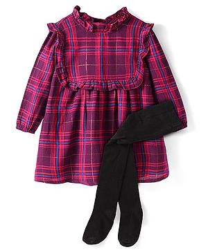 Babyhug Cotton Woven Full Sleeves Checkered Frock with Leggings - Red
