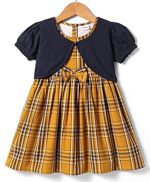 Babyhug Cotton Woven Checkered Frock with Half Puffed Sleeves Solid Shrug & Bow Applique - Yellow & Navy Blue