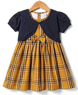 Babyhug Cotton Woven Checkered Frock with Half Puffed Sleeves Solid Shrug & Bow Applique - Yellow & Navy Blue