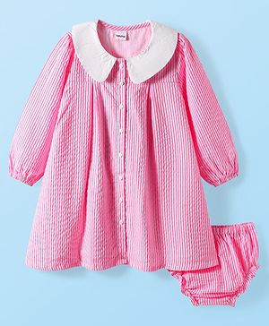 Babyhg Cotton Woven Full Sleeves Striped Frock With Peter Pan Collar & Bloomer - Pink