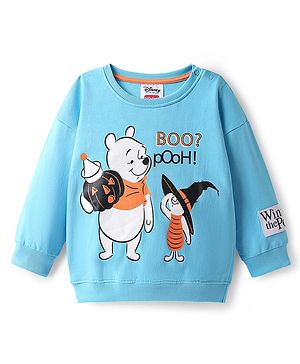 Babyhug Disney Knit Oversized Full Sleeves Sweatshirt with Winnie The Pooh Graphics - Light Blue