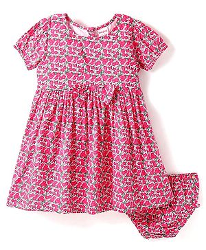 Babyhg Cotton Woven Half Sleeves Floral Printed Frock With Bow Applique & Bloomer - Pink