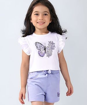 Babyhug Single Jersey Knit Sleeveless Top & Shorts Set with Butterfly & Floral Print - White & Purple Babyhug Single Jersey Knit Sleeveless Top & Shorts Set with Butterfly & Floral Print - White & Purple