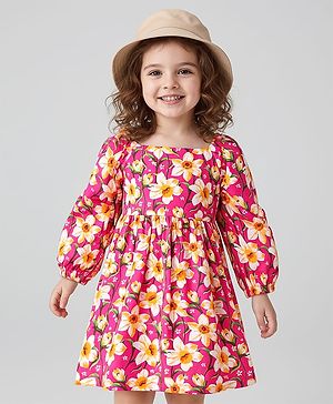 Babyhug Cotton Woven Half Sleeves Frock With Floral Print & Bow Applique - Dark Pink
