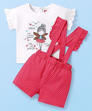 Babyhug Single Jersey Knit Half Sleeves Top & Shorts Set With Polka Dot Print & Suspender - White & Pink