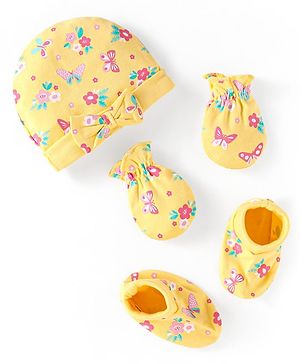 Babyhug 100% Cotton Knit Cap Mittens & Booties Set with Bow Applique & Floral Print Yellow - Diameter 9 cm