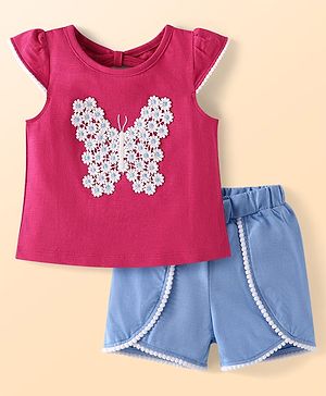 Babyhug Slub Jersey Knit Sleeveless  Cap Sleeves Top & Denim Shorts with Butterfly Embroidery - Dark Pink & Blue Babyhug Slub Jersey Knit Sleeveless  Cap Sleeves Top & Denim Shorts with Butterfly Embroidery - Dark Pink & Blue