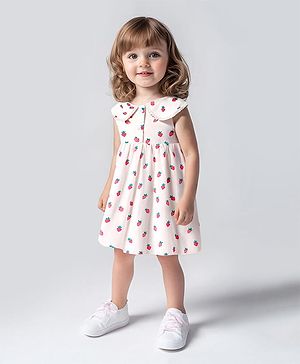 Bonfino Cotton Knit Sleeveless Dress With Fruit Print & Peter Pan Collar - White