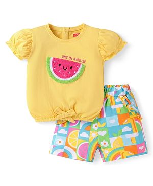 Babyhug Single Jersey Knit Half Puffed Sleeves Top & Shorts with Embroidered Watermelon - Yellow Babyhug Single Jersey Knit Half Puffed Sleeves Top & Shorts with Embroidered Watermelon - Yellow