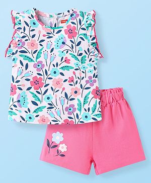 Babyhug Single Jersey Knit Sleeveless Top & Shorts Set With Floral Print - White & Pink Babyhug Single Jersey Knit Sleeveless Top & Shorts Set With Floral Print - White & Pink