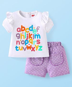 Babyhug Single Jersey Knit Half Puffed Sleeves with Polka Dots & Text Printed Top & Shorts Set - White & Purple Babyhug Single Jersey Knit Half Puffed Sleeves with Polka Dots & Text Printed Top & Shorts Set - White & Purple