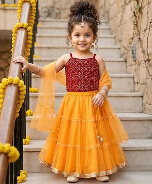 Babyhug Woven Singlet Sleeves Choli Lehenga Set With Glitter Print Sequinned Detailing & Dupatta - Dark Red & Yellow