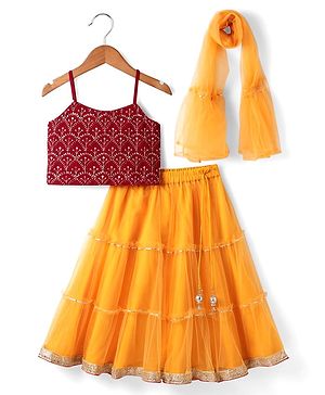 Babyhug Woven Singlet Sleeves Choli Lehenga Set With Glitter Print Sequinned Detailing & Dupatta - Dark Red & Yellow
