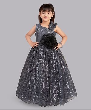 PinkChick Sleeveless Sequins Embellished & Floral Applique Detailed Fit and Flared Gown - Grey