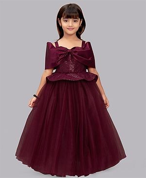 PinkChick Cold Shoulder Sleeves Sequins Embellished & Bow Applique Detailed Gown - Burgundy