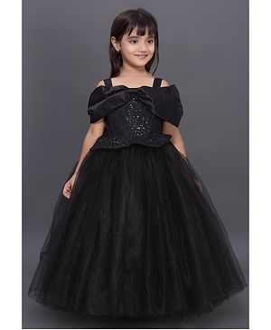 PinkChick Cold Shoulder Sleeves Sequins Embellished & Bow Applique Detailed Gown - Black