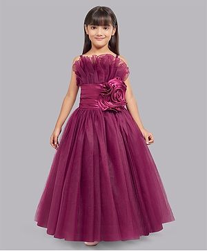 PinkChick Sleeveless Floral Applique & Ruffle Detailed Fit and Flared Gown - Burgundy