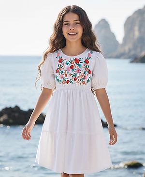 Pine Kids Cotton Woven Half Puffed Sleeves Tiered Frock with Floral Embroidery - White