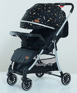 Babyhug Travel Compact Baby Stroller with Food Tray Reversible Handle Adjustable Backrest & Canopy - Black
