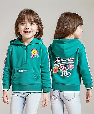 Babyhug Cotton Knit Full Sleeves Hooded Sweatshirt with Floral Badge Detailing & Kangaroo Pockets - Mint Green