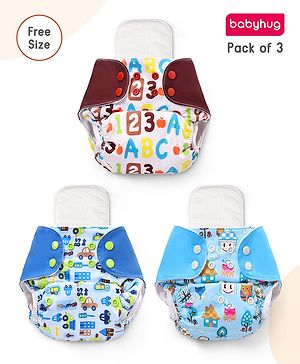 Babyhug Free Size Reusable Cloth Diaper With Inserts & Contrast Flap Pack of 3 - Blue & Brown