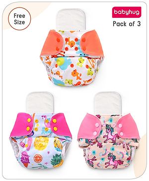 Babyhug Free Size Reusable Cloth Diaper With Inserts & Contrast Flap Pack of 3 - Pink & Orange