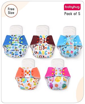 Babyhug Free Size Reusable Cloth Diaper With Inserts & Contrast Flap Pack of 5 - Multicolour