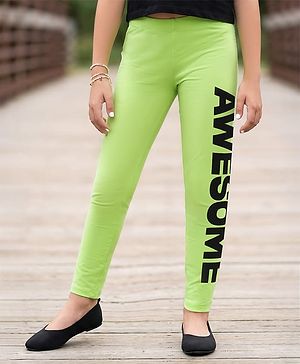 Pine Kids Knit Cotton Full Length Leggings with Text Print - Neon Green