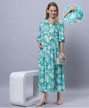 Mamma's Maternity Rayon Three Fourth Sleeves Floral Printed Maternity Dress With Nursing Access - Turquoise