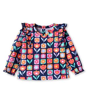 Babyhug Cotton Knit Full Sleeves Top With Floral Print & Frill Detailing - Navy Blue