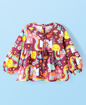 Babyhug Cotton Knit Full Sleeves Top With Floral Print & Tassle Applique - Rose Gold
