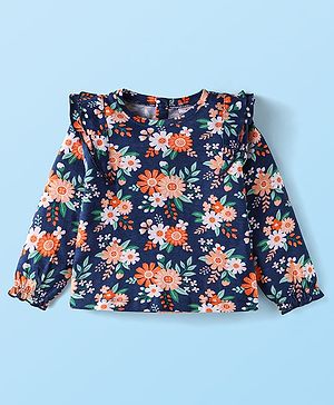 Babyhug Cotton Knit Full Peasant Sleeves Top with Floral Print & Frill Detailing - Navy Blue